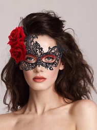 黑色鳳凰紋面型硬化蕾絲口罩,附有2朵紅玫瑰,適用於女士化裝舞會派對