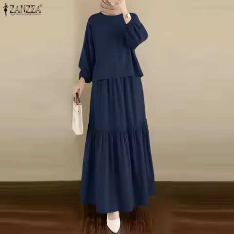 2026 ZANZEA Fashion Women Long Sleeve Tops Dress Suit Muslim 2 Piece Sets Solid Outfits Dubai Hijab 
