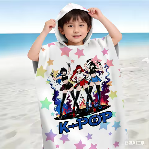 1pc K-POP Hooded Beach Towel Colorful Star Print Quick Dry Microfiber Bath Towel for Swimming Pool B
