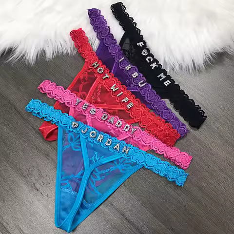 Custom Name Panties Crystal Letters Personalised Lace Thongs Women Customized Tanga Bikini G-String 