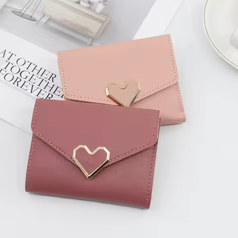 Women Short Wallet Heart Decor Frosted PU Leather Mini Clutch Purse Ladies Multi-slot Card Holder Co