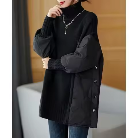 Turtleneck Sweater Women's Autumn/Winter Jacket 2025 New Thicke Loose Outerwear Spliced Cotton Tops 