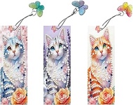 3 Pieces Acrylic Flower Cat Pearl Drill Painting Bookmark with Butterfly Pendant, Special-Shaped Cat
