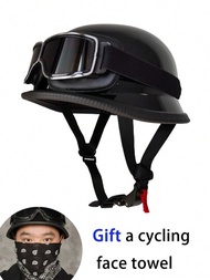 1個復古風格男士半頭盔，具有ABS材料和高密度EPS緩衝層，閃亮黑色，包括1個騎行護目鏡和1個騎行口罩，DOT安全認證