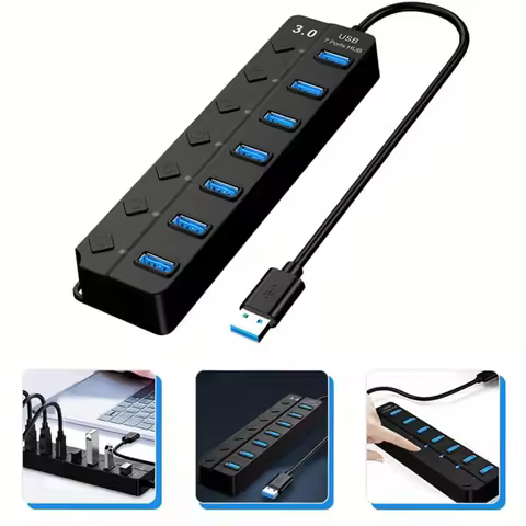 4 In 1 USB Hub 7 Port USB 3.0 Hub Splitter With Individual On/Off Switches For MacBook Laptop PC Com