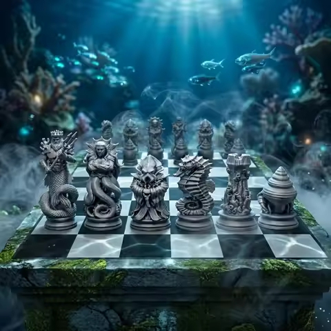 16Pcs Deep Sea Themed Chess Pieces Set 3D Printed Ocean Myth Figurines Coral Chess Ornaments for Tab