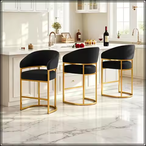 26" Velvet Bar Stools Set of 3, Black Gold Barrel Counter Height Chairs, 480 LBS