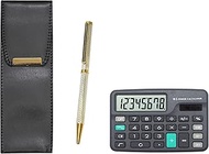 Eco Leather Pen Case with Mini Calculator, Brass Hexagonal Rotating Holi Gold Ballpoint Pen Set, Sil