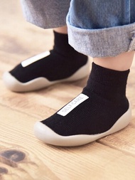 1對寶寶時尚黑色運動防滑襪套鞋，適用於室內走路和日常使用