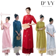 Ao Dai collection designed by Yen Chi in blue, embroidered with flowers, high-quality crep silk chif