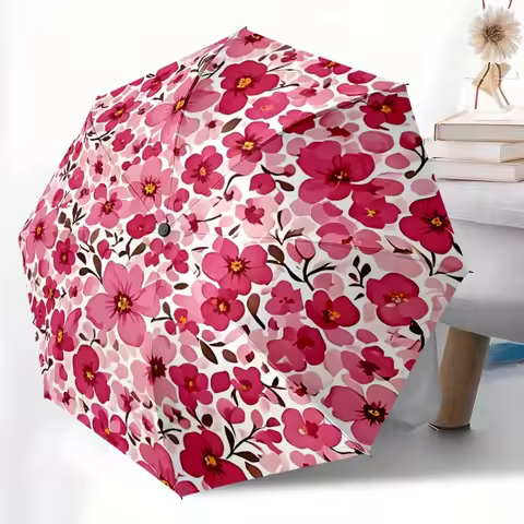 1pc Pink Flowers Automatic Folding Umbrella - 8-Rib Iron Frame, Windproof, Portable Sunshade with Pl