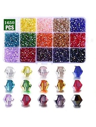 15種顏色-ab彩色1650顆3/4mm刻面水晶玻璃雙錐形珠,適用於女性手工珠寶製作,適用於掛飾手工藝品、手工diy手鐲、項鍊和玩偶