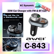Awei C-843 30W Car Charger With FM Bluetooth Call Awei Car Charger Travel Pengecas Kereta Micro SD USB Fast Charging