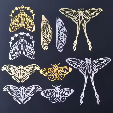 10pcs Brass Filigree Rose Light Golden Butterfly moth Wings cicada Charms Women Jewelry Pendant acce