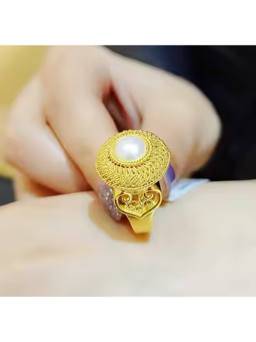 Boutique 24K real gold New Chinese retro silk Pearl Ring au9999 Gold ancient fashion ring index fing