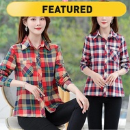 ❤🎁Ready Stock🎁 ❗️S-5XL❗️ blause women plus size blouse korea blause wanita retro blouse baju jalan wanita kemeja hitam perempuan 2021 Baru Pertengahan Umur Pakaian Ibu Musim Panas Baju Lengan Panjang Wanita Pertengahan Umur Baju Plaid Pakaian Kerja Kot