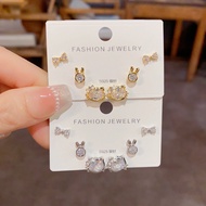 Japanese and Korean Style Fashion Full Diamond KT Cat Bow Three-piece Earrings Set s925Silver Needle