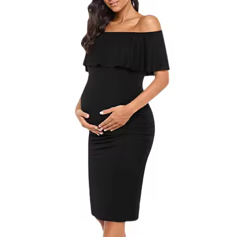 Pregnant Women Pregnancy Dress Fashion Short Sleeve Slash Neck Solid Ruffles Mama Dress Maternity Cl