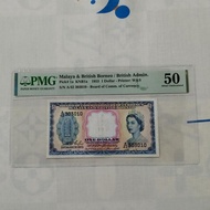 Uang Kuno Malaya 1953 1 Dollar Queen Elizabeth II PMG 50 AUNC Rare
