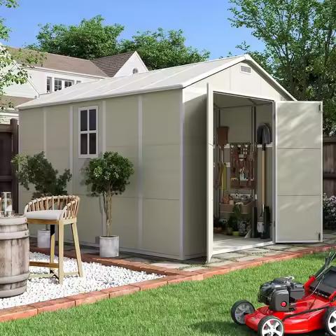 7.5x10.7 ft Outdoor Plastic Storage Shed - Secure Lockable Door for Garden, Bikes, Tools, and Waste