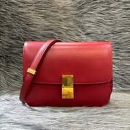 CELINE Classic Box 金釦 赭紅 紅色 牛皮 肩背包 斜背包 兩用包