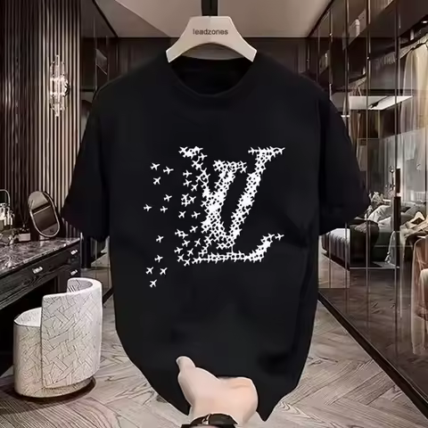 Men's LV Style Airplane Print T-Shirt Black White Contrast Short Sleeve Tee Breathable Cotton Street