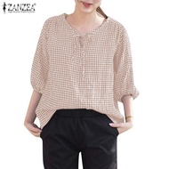 ZANZEA Women Korean 3/4 Sleeve Lantern Sleeve Front Neck Split Tie Shoulder Ruffle Blouses