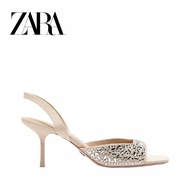 Zara Women's Shoes Inlaid Style Rhinestone Classy Sandals Square Toe Hollow Open Toe High Heel Sandals Women's Shoes