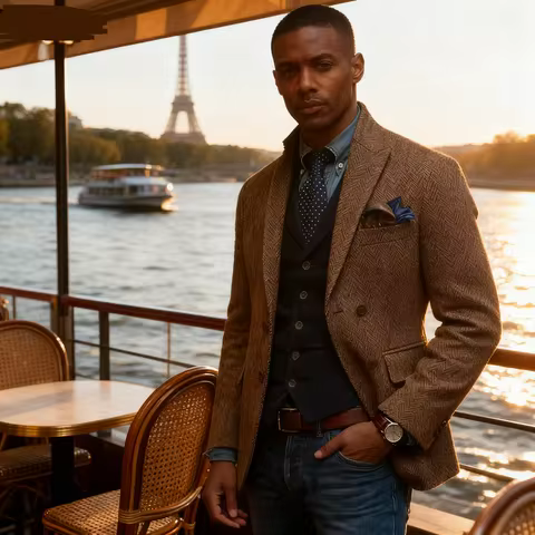 Men's Brown 1-Piece Blazer Winter Warm Woolen Business Office Notch Lapel Fish Spine Jacket Fishbone