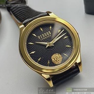 VERSUS VERSACE凡賽斯精品錶,編號：VV00283,34mm圓形金色精鋼錶殼黑色錶盤真皮皮革深黑色錶帶