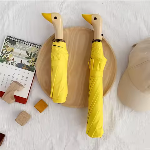 Cute Duck Wooden Handle Umbrellas Folding Automatic Anti-UV Windproof Black Coating Lady Portable Su