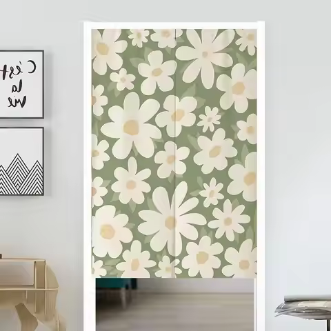 VIKAMA Boho Green Flower Print Noren Curtain Japandi Style Privacy Curtain Bedroom Kitchen Entrance 