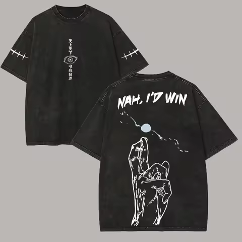 Gojo Nah Id Win T Shirt Jujutsu Kaisen Men Vintage Acid Wash Meme Anime Quote Streetwear Oversized C