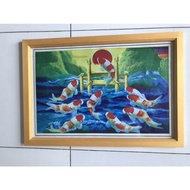 Hiasan Dinding Gambar Cetak Lukisan 9 ikan koi melompat plus bingkai