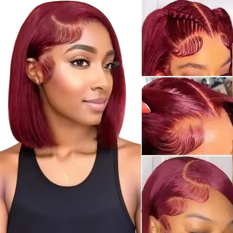 99J Straight Short Bob Human Hair Wig 13x4 Lace Frontal Bob Wig Pre Plucked 99J Colored Straight Bob