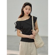 [Sweet Cool Flower] Songming 2026 Summer Commuter Style Lace Collar Striped Shirt T-Shirt CG122