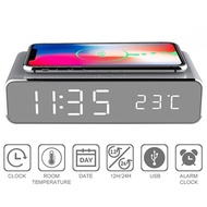LED Electric Alarm Clock Digital Thermometer Clock HD Mirror Clock with Phone Wireless Charger