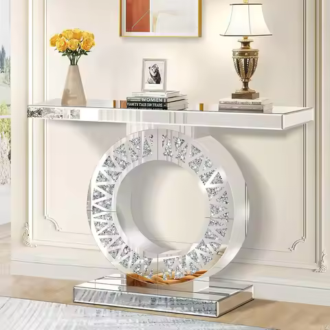 Mirrored Console Table Crushed Diamond Inlay 39.4" Silver O-Base Entryway Hallway Home Decor Customi