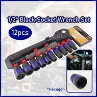 SATAGOOD 12pcs 1/2" Inch Black Dr Socket Kit 10-22mm Hex Ratchet 6 Point Handle Tools Extension Bar 