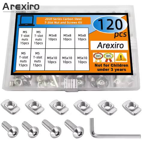 80/120/150Pcs Carbon Steel 2020 3030 4040 M3-M8 T-shaped Nut with M5x8 and M5x10 Button Head Hexagon