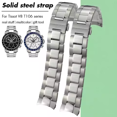 for Tissot V8 T106 1853 T106.417 T106417 Curved End 22mm Solid Silver Metal Watchband High Quality S
