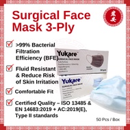 Yukare Surgical Face Mask 3-Ply Fluid Resistant >99% BFE Hypoallergenic Comfortable 50 Pieces