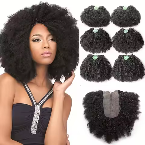 Afro Kinky Curly Hair Bundles with Closure High Temperature Fiber Synthetic Hair 6 Bundles with Clos