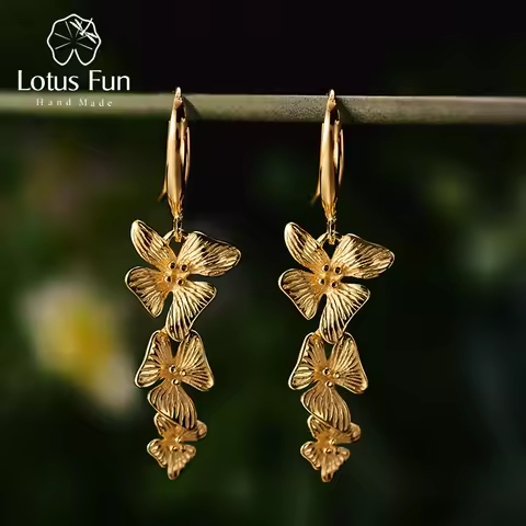 Lotus Fun Real 925 Sterling Silver Original Handmade Fine Jewelry 18K Gold Triple Flowers Fashion Dr