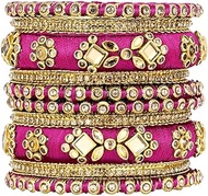 Kundan Studded 2.6 inch Rani Pink Silk Thread Bangles Set Ethnic Fashion Jewellery Gift for Women-AH-PF51B82RP, no gemstone
