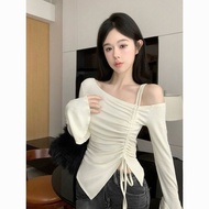 Female Style Fashion Long Sleeve SlimmingTT-shirt Long Sleeve Top Temperament Base off-the-Shoulder Pure Irregular Drawstring Flash Slim Fit LTZZ