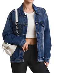 Tsher Women's Oversize Vintage Washed Denim Jacket Long Sleeve Classic Loose Jean Trucker Jacket D00