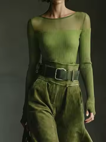 Women's Fitted Dressy Casual Long Sleeve Sheer Mesh Ribbed Elegant Tops Shirts