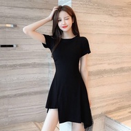 Women Hepburn Style Short Sleeve Irregular Dress Solid Color Causal Dress