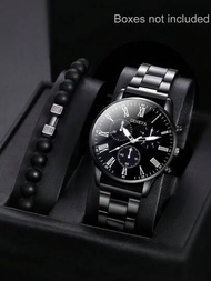 男士手錶2入組/套，男士黑色不鏽鋼錶帶羅馬刻度石英手錶和啞鈴珠串手鍊珠寶組合手錶